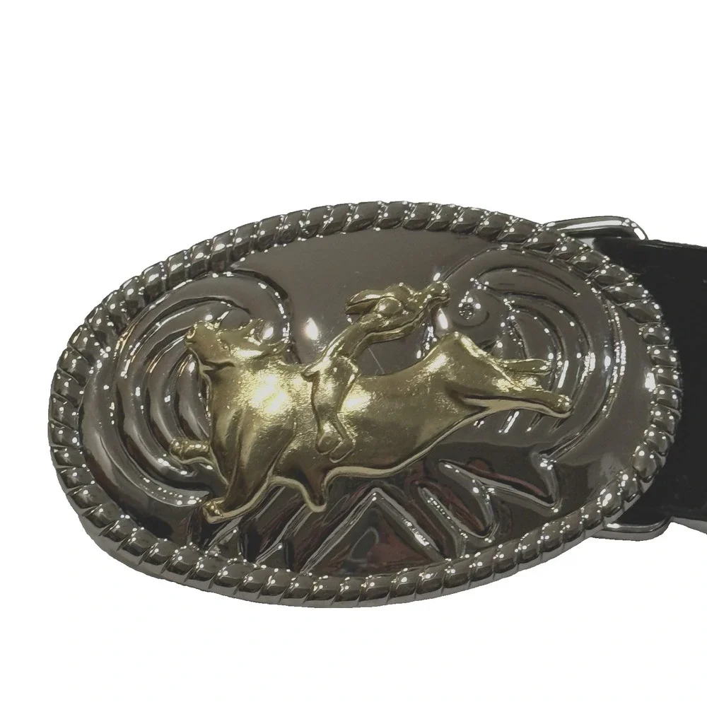Nocona Western Cowboy Leather Belt Boy 28 Rodeo Bull Rider Buckle Black Tooled